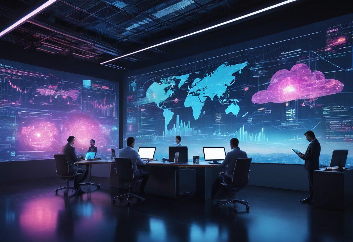 A futuristic digital landscape showcasing a diverse team of professionals engaging with web-based insurance tools on sleek devices. In the background, abstract representations of data analytics and cloud computing flow, symbolizing innovation in coverage. The scene should have vibrant colors, with elements like graphs and charts floating in the air, reflecting the transformative power of technology in insurance. cyberpunk. super-realistic.