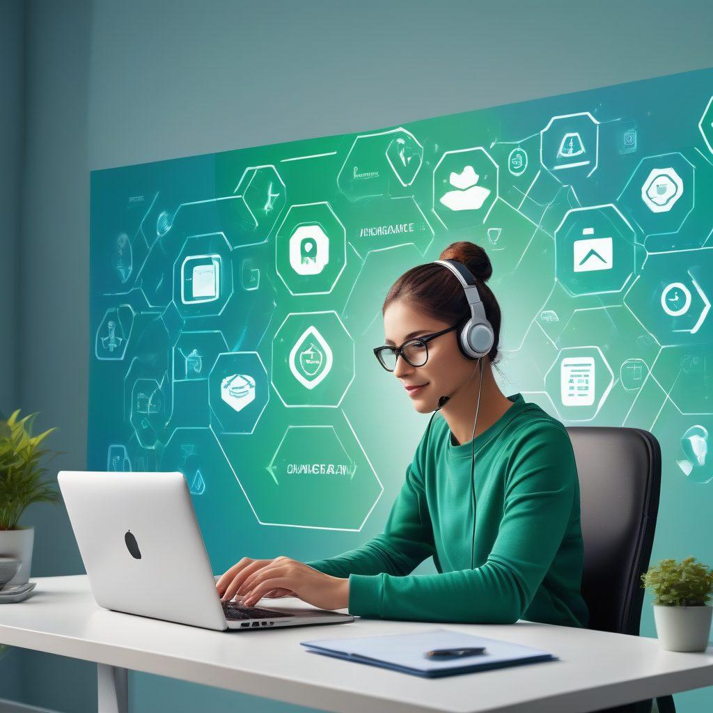 A detailed illustration of a person using a laptop while surrounded by various online insurance icons like shields, documents, and calculators. Include a soft blue and green color palette to evoke trust and safety. The background should depict a digital landscape with interconnected nodes representing the online world. Emphasize expressions of relief and confidence on their face as they find quick quotes. vector art. vibrant colors.