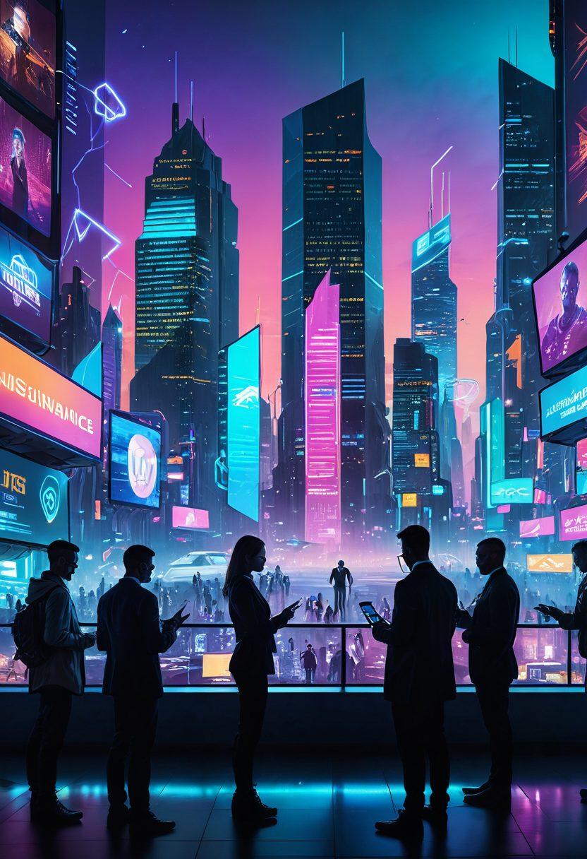 A futuristic landscape depicting a digital marketplace with various insurance icons like shields and checkmarks floating around. In the foreground, a diverse group of people, including a woman analyzing her smartphone and a man discussing with a holographic insurance advisor, all framed by bright screens displaying quotes and coverage options. The atmosphere should evoke a sense of innovation and trust, with a city skyline in the background. vibrant colors. cyberpunk style.